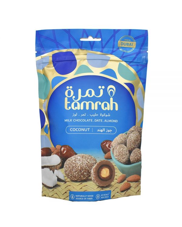 Tamrah Coconut - Dattes aux amandes enrobées de Chocolat au lait et de Noix de Coco